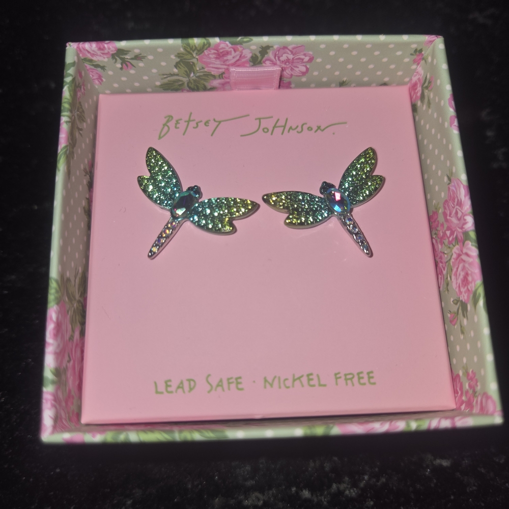 Betsey Johnson Iridescent Dragonfly Stud Earrings - Green/Blue Sparkle
